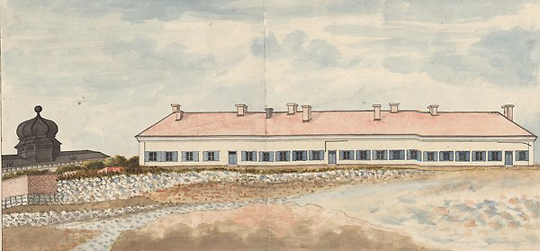 Watercolour showing a large riding school and yard next to Gustavianum.