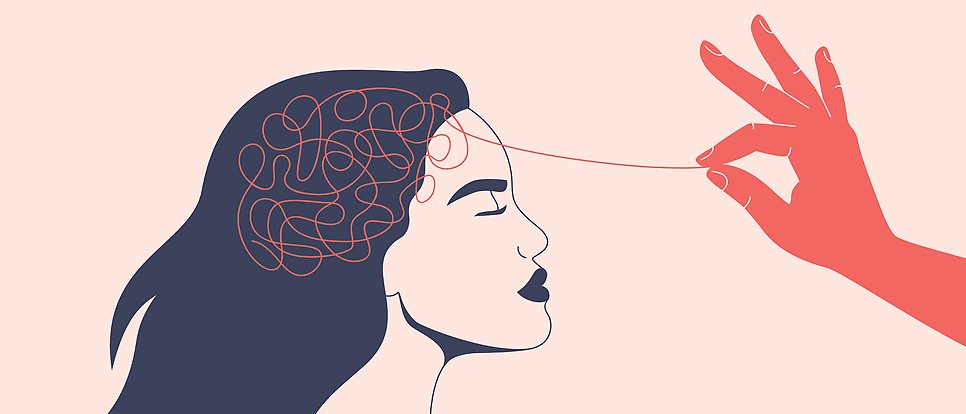 Illustration of a hand pulling a tangled thread out of a woman's brain.