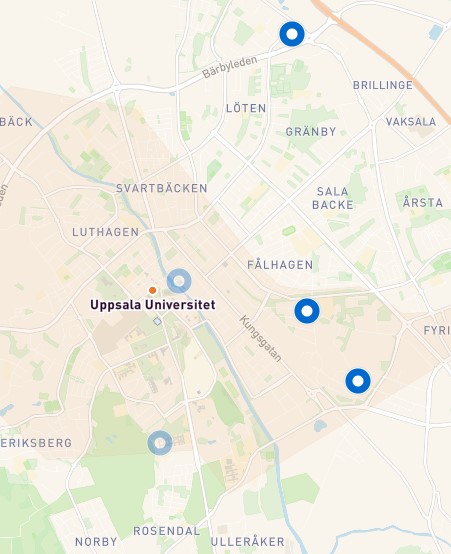 Map of upsala with markings where the exam halls are located