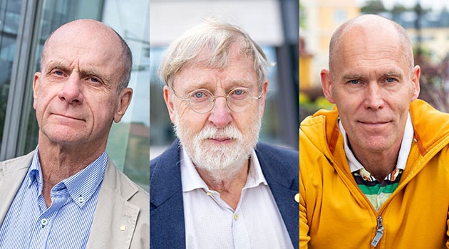 Tre pristagare. Fr v: Lars Lannfelt, professor i geriatrik, Ulf Landegren, professor i molekylärmedicin, och Christer Betsholtz, professor i vaskulär- och tumörbiologi.