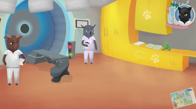 Spelet beskriver hur strålningsbehandlingen går till. Miljön är animerad, men liknar rummen på Skandionkliniken.
