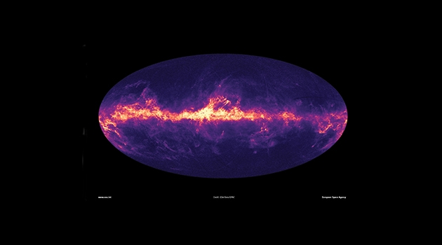 Vintergatan och dess närliggande galaxer. Bilden visar det interstallära stoft som fyller galaxen.