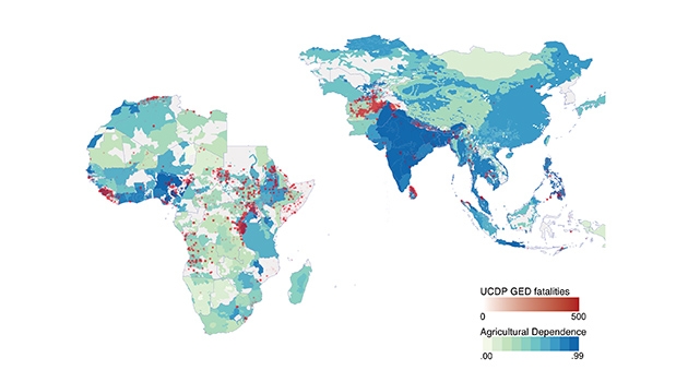 Agricultural dependence and recorded conflict fatalities mapped across Africa and Asia.