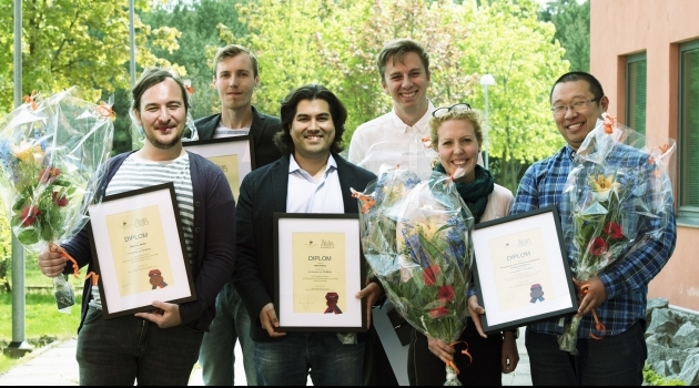 Årets innovationsstipendiater, från vänster: Mateusz Skiba, Bozhidar Stefanov, Jose Perez, Simon Gustafsson, Sara Frykstrand och Peng Zhang.