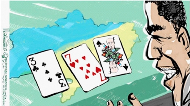 Spoiled game. A popular caricature from Vkontakte shows Barack Obama playing a card game over the map of Crimea. 