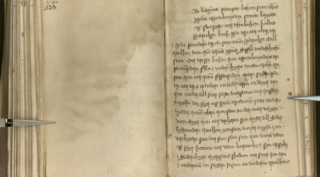 En sida ur handskriften Codex Upsaliensis. Den innehåller främst den heliga Birgittas uppenbarelser i fornsvensk översättning. På den aktuella sidan inleds bok fem, den så kallade ”Frågornas bok”.