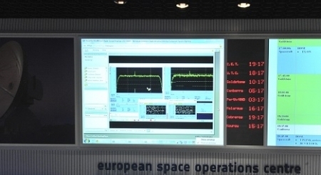 The signal from space probe Rosetta is visible as a spiked curve on the screen at the European Space Agency’s control centre in German Darmstadt.