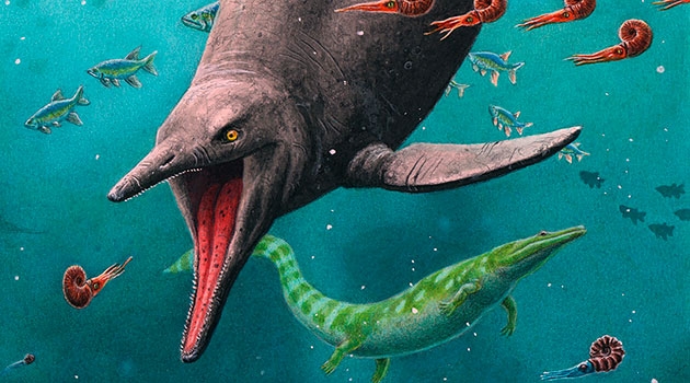 Rekonstruktion av den tidigaste ichthyosauren och det 250 miljoner år gamla ekosystemet som återfunnits på Spetsbergen. 