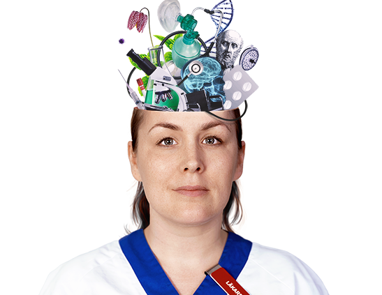 Fotomontage med illustration av en läkare med olika medicinska föremål som kommer upp ur huvudet