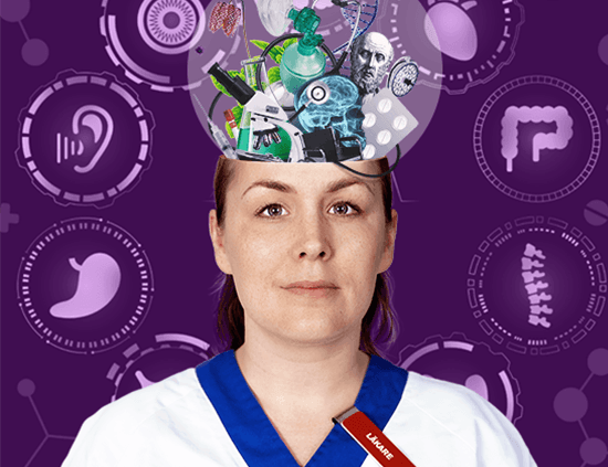 Bildkollage läkare med medicin relaterade föremål som tycks komma upp ur huvudet. I bakgrunden illustrationer av olika kroppsorgan.