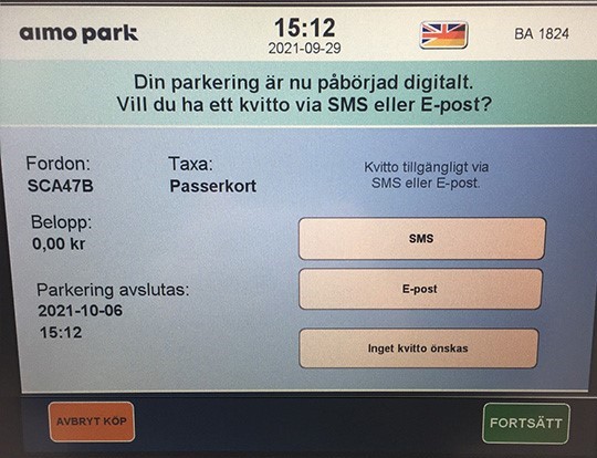 Skärm för val av kvitto på parkeringsautomat