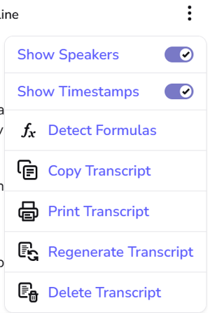 A menu showing different options for the transcript, including the Regenerate Transcript option.