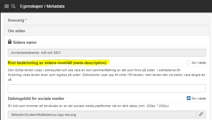 Skärmbild som visar var man hittar meta description i Sitevision
