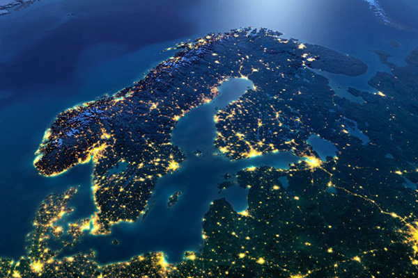 Image of Sweden from space, with small lights everywhere.