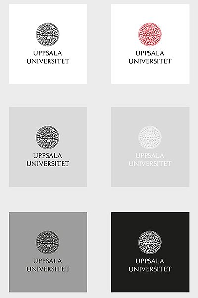 Exempel på logotypen i olika färger och olika bakgrund
