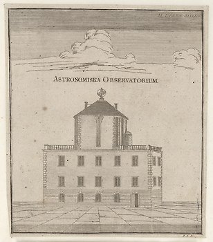 Illustration av Anders Celsius observatorium, en byggnad i tre våningar med en liten huskropp som stack upp mitt på taket.
