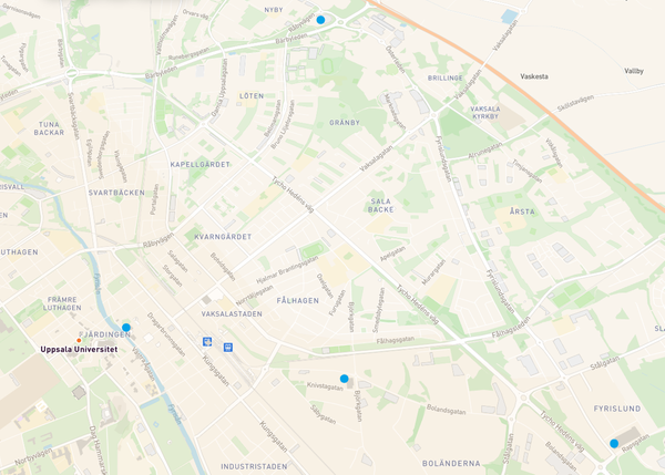Map of Uppsala with markings where the exam venues are located