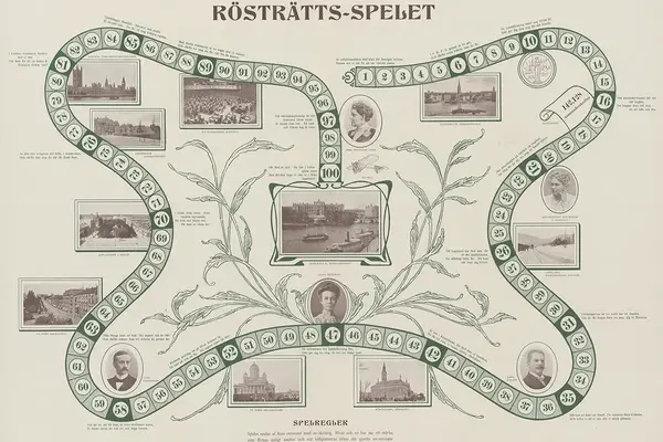 Bild på en spelplan med rutor som slingrar sig över ytan.