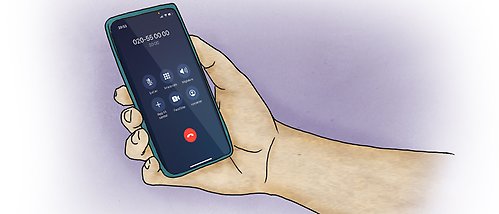 Illustration av en hand som håller en telefon och har slagit numret till translinjen.