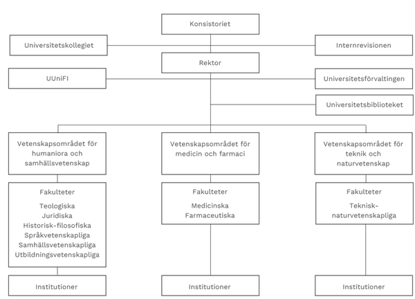 Organisationsschema över Uppsala universitet. Högst upp finns konsistoriet, universitetskollegiet och internrevisionen. Under dessa finns rektor. Under rektor finns UUniFI, universitetsförvaltningen, universitetsbiblioteket och de tre vetenskapsområdena med sina fakulteter och institutioner.
