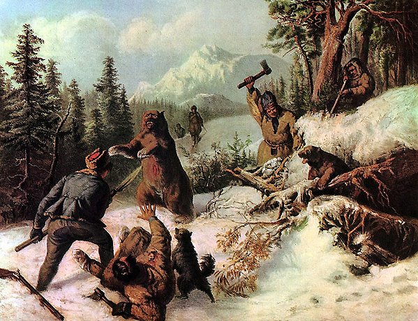 Flera män jagar en björn och dess unge med spjut och yxor.