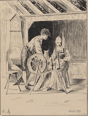En kvinna sitter vid en spinnrock och en man står bredvid och talar med henne.