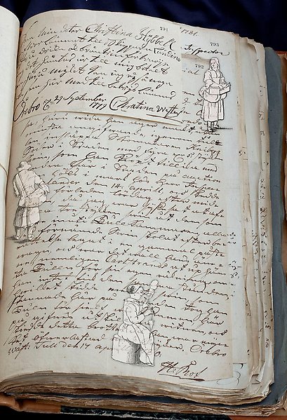 A page from a handwritten court record with drawings of people working.