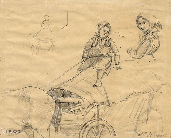 Teckning föreställande flicka på ett torvlass och skisser på en till flicka och ett torvlass från långt håll. UUB 880.