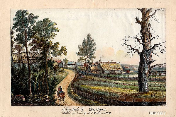 Landskapsbild över Svensboda by i Roslagen. UUB 5683.