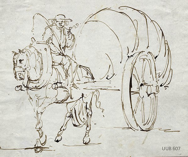 Teckning föreställande ett arbetsåkdon med kusk till häst. UUB 607.
