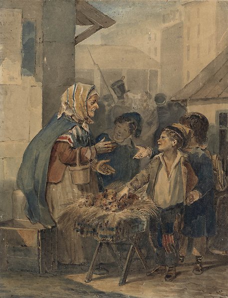 Målning av en gumma med ett salustånd som pratar med tre unga pojkar.