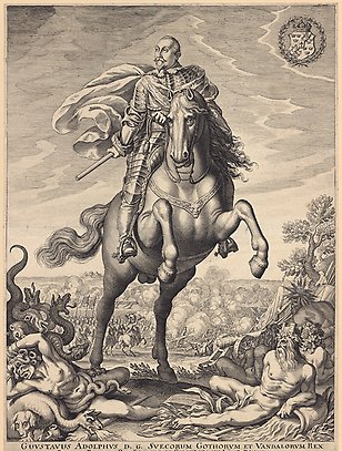 Porträtt i kopparstick av Gustav II Adolf till häst.
