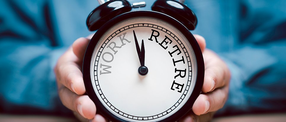 Alarm clock with the words Work and Retire.