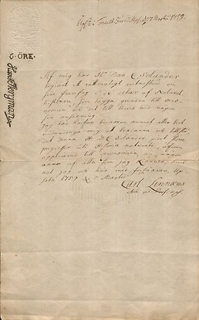 Handskrivet brev signerat Carl von Linné. Rekommendationsbrev för Daniel Solander.