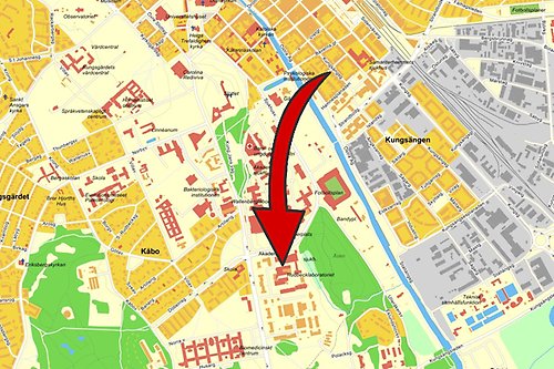 Kartbild över Uppsala med en röd pil som pekar på Rudbecklaboratoriet