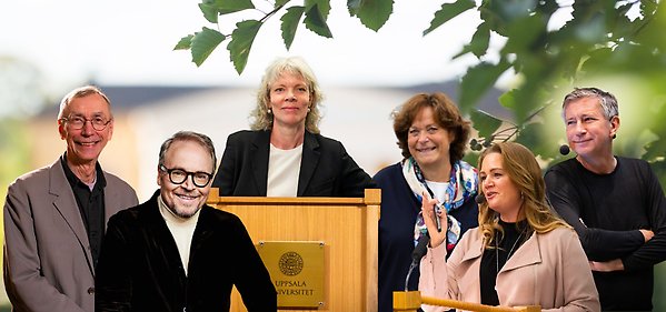 Bildmontage av de sex senaste mottagarna av Årets alumn utmärkelsen, från vänster till höger: Svante Pääbo (2023), Fredrik Lindström (2024), Maria Gunther Axelsson (2026), Gunilla Osswald (2025), Jenny Larsson (2021) och Richard Bergström (2022)