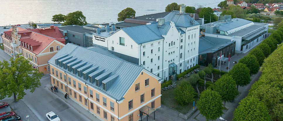 Campus Gotland seen from above with the Baltic Sea in the background.