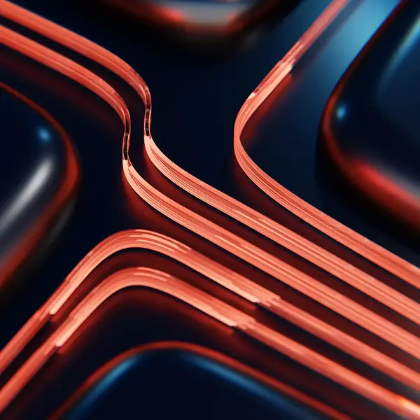 Bright red lines wind their way across a dark, reflective surface. The shape resembles a large, stylised "X".