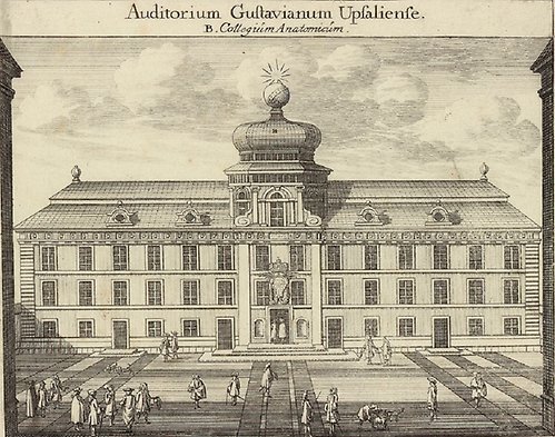 Black and white copper engraving with the Gustavianum building in the background and the entrance level in front filled with people.