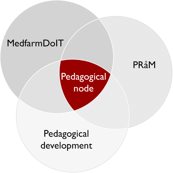 A venn diagram with the circles MedfarmDoIT, PRåM and Pedagogical Development together with Pedagogical Node in the centre.