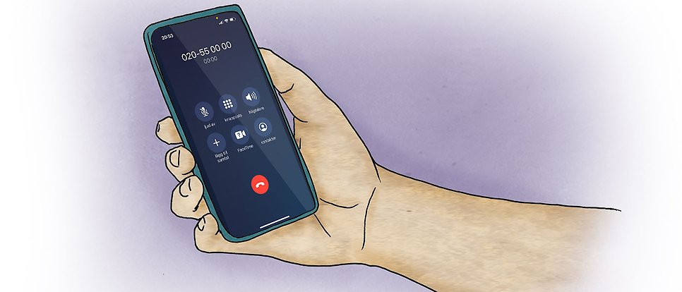 Illustration of a hand holding a telephone and having dialed the number to the helpline