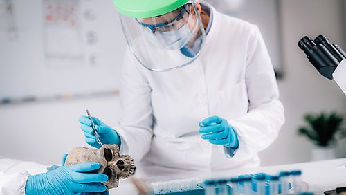 A person in a lab wearing protective clothing, visor and gloves takes a sample from a skull.