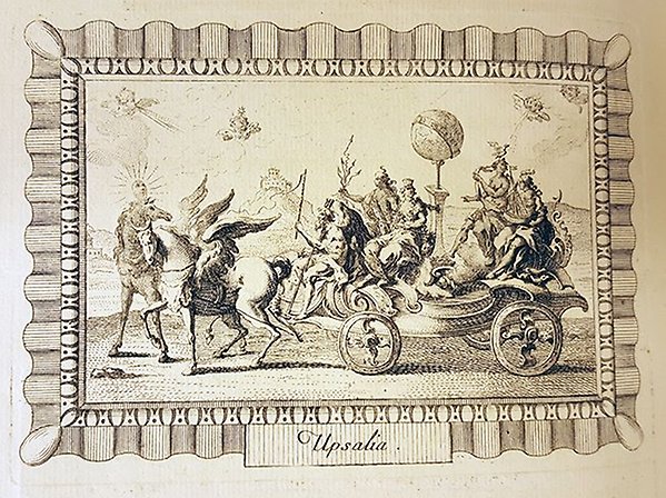 Illustration av häst med vingar som drar utsmyckad vagn där allegoriska figurer sitter.