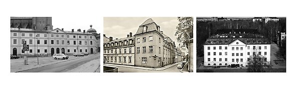 Tre gamla bilder på rad med tre olika hus i svartvitt.