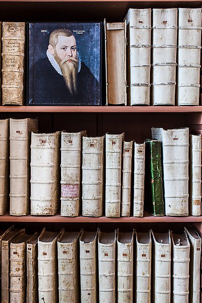 Bokhylla med äldre böcker och ett porträtt av en man i skägg.