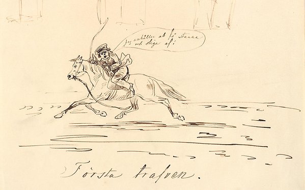 Teckning som föreställer en student som rider på en galopperande häst. Studenten ser ut att ha panik.
