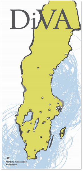 Karta över Sverige med rubriken DiVA och texten "Nordiska ministerrådet Köpenhamn"