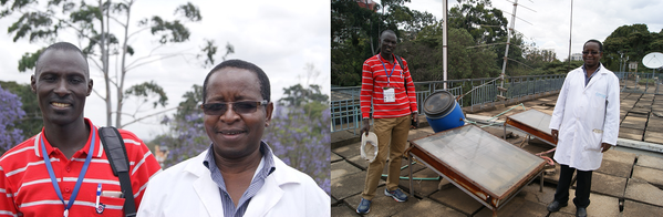 Dr Chales Opiyo Ayieko and technician Mr Boniface Muthoka showing the prototype of a solar thermal heating system.