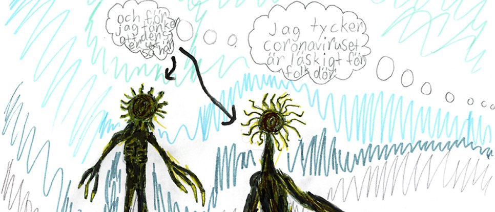 barnteckning, två virusgubbar med pratbubblor