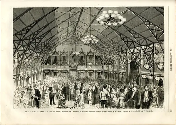 Black and white drawing depicting a ball in a building with high ceilings and a balcony at the short end.